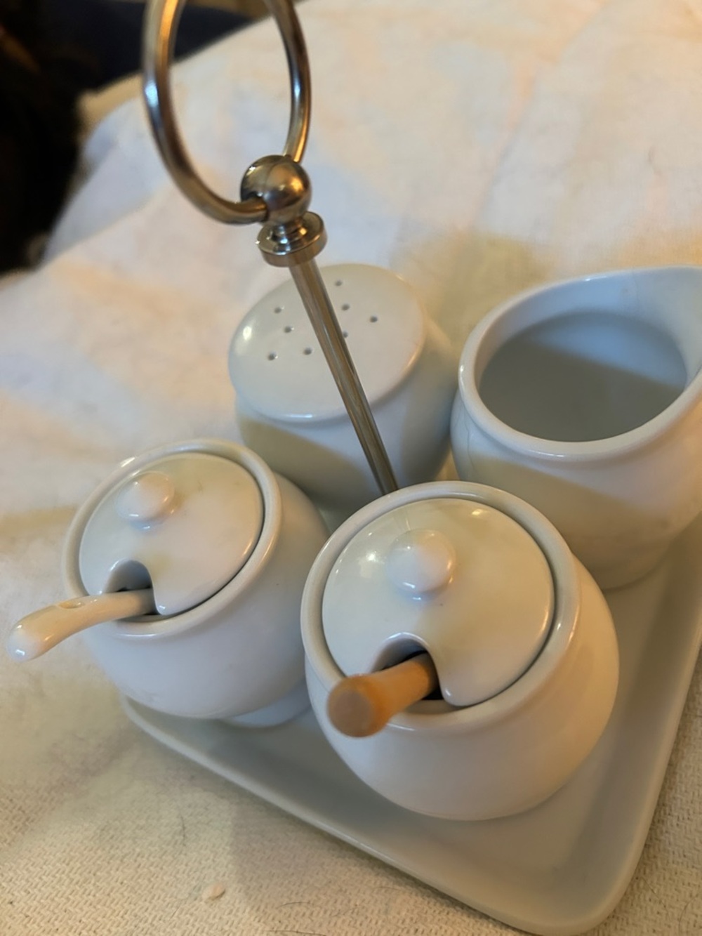 Pottery Barn White Ceramic Condiment Set on Tray